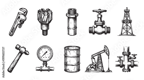 A hand-drawn, black and white illustration features a collection of oil and gas industry equipment including a drill bit, pumpjack, and gauges.