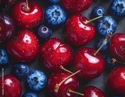 Close-up of cherries and blueberries, water droplets