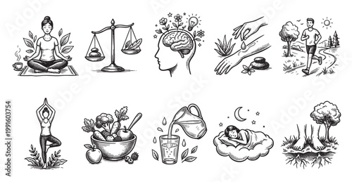 A hand-drawn collage illustrates healthy living with yoga, balance, healthy eating, hydration, rest, exercise, and nature.