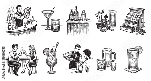 A collection of hand-drawn vintage style illustrations depicting various bar and gambling elements like bartenders, cocktails, drinks, and a cash register.