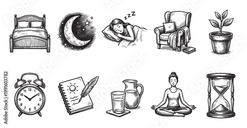 Collection of hand-drawn icons depicting elements of a daily routine including sleep, relaxation, and personal care in a sketch style.