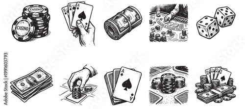 A collection of black and white hand-drawn illustrations depicting various casino gambling elements like chips, playing cards, dice, and money rolls, conveying a classic and artistic feel.