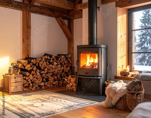 Cozy room with a fireplace and snow outside the window
