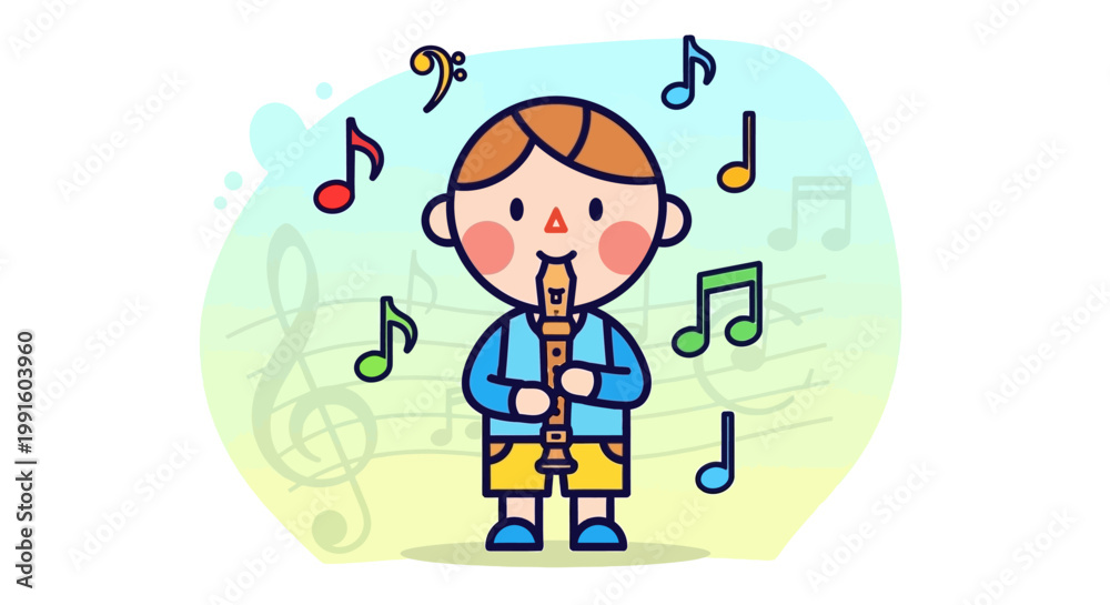 Fototapeta premium A cute cartoon boy playing a recorder flute.