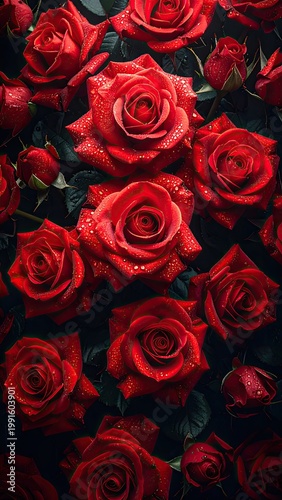 Lush, vibrant bouquet of red roses, close-up, water drops
