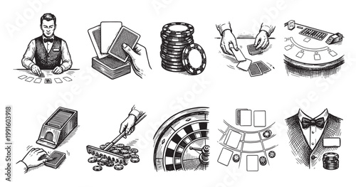Collection of hand-drawn black and white illustrations depicting various casino game elements like cards, chips, roulette, and a dealer, suitable for gambling or entertainment themes.