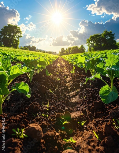 Field of young plants with sun shining above
