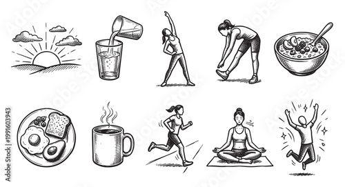 This doodle-style illustration montage features activities promoting a healthy lifestyle, including sunrise, hydration, exercise, and nutritious meals.