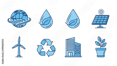 Green Initiatives Icons: A collection of blue icons represents the core elements of environmental conservation and sustainable practices.