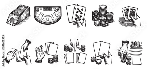 A collection of hand-drawn illustrations depicts various elements of a casino card game, including chips, cards, and playing surfaces, suitable for concepts of gambling and chance.
