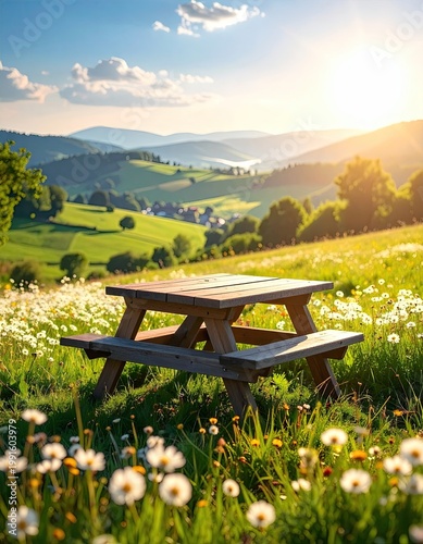 A picnic table in a sunlit meadow overlooking rolling hills