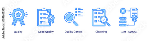 Kaizen quality icon set featuring quality control,inspection,and best practice concepts.Icon set focused on quality assurance,checking,and standardization processes for business and industrial use.