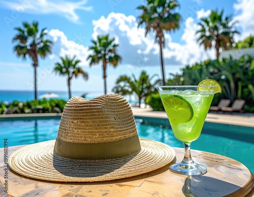 Sun hat & drink beside pool with ocean & palms