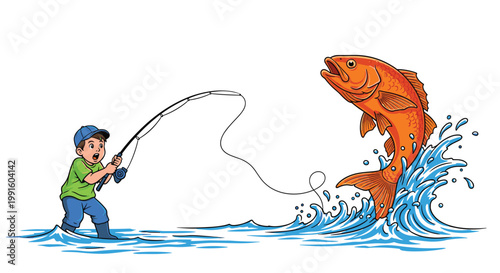 Young boy in a green shirt and blue cap catching a massive orange fish jumping out of the water while fishing.