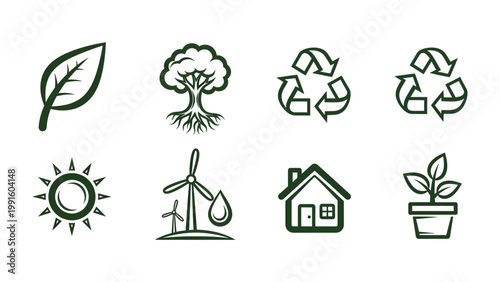 Sustainable Icons: Collection of eco-friendly symbols representing nature conservation and environmental protection, with a clean and modern design. 