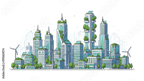 Eco-Friendly Metropolis: A visionary cityscape of sustainable buildings and green initiatives, depicting the harmony between urban life and environmental responsibility.