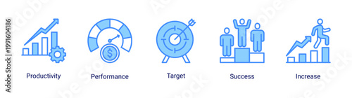 Kaizen productivity icon set featuring performance,target achievement,and growth concepts.Designed for business performance tracking,productivity improvement,and goal achievement visualization.