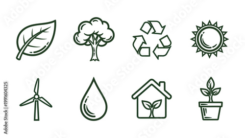 Eco-Friendly Icons: A collection of meticulously crafted line art icons showcasing vital elements of sustainability, creating a visual narrative of environmental consciousness.