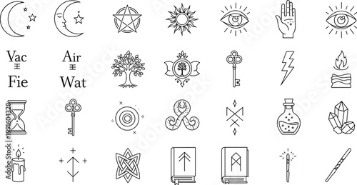 Collection of minimalist line art icons celestial bodies natural elements and symbolic objects
