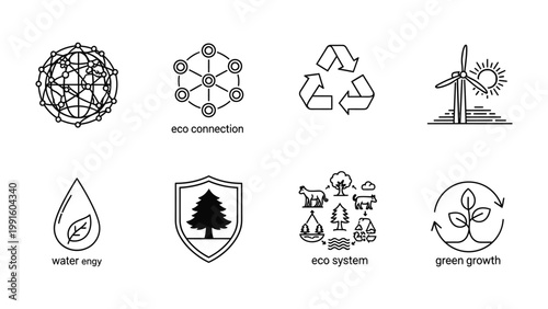 Eco-conscious Iconography: A set of simple yet powerful line art icons representing essential aspects of environmental protection and sustainable development.