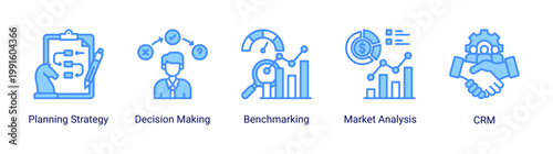 Kaizen strategy icon set featuring decision making,planning,and market analysis concepts.Strategic icon set for business planning,analysis,benchmarking,and customer management.