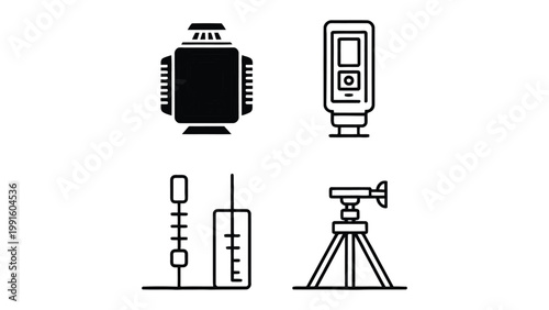 Photography Gear Icons: A minimalist illustration of essential photography equipment, showcasing the tools of the trade. Featuring a flash, a light meter, a cable release, and a tripod.