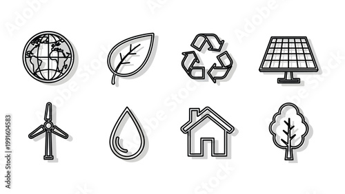 Eco Icons: A set of eight environmental symbols, perfect for conveying themes of sustainability, conservation, and eco-friendliness.