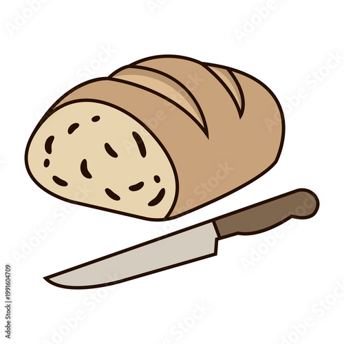 Fresh Bread Loaf and Knife Flat Vector Illustration for Bakery Menu and Healthy Food Concept on White Background.