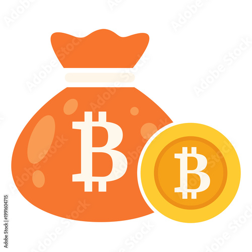 Bitcoin Money Bag Flat Vector Icon for Cryptocurrency Wealth and Digital Finance Investment on White Background.