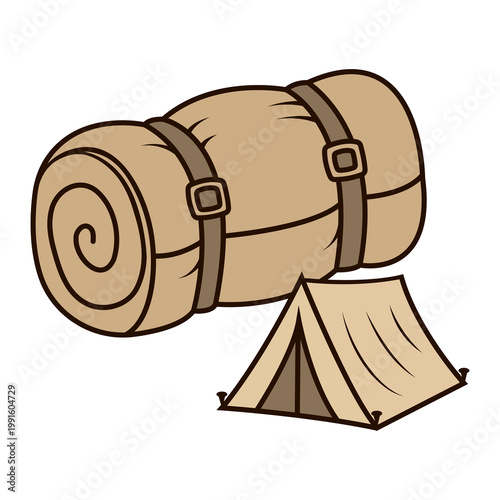 Camping Tent and Sleeping Bag Flat Vector Icon for Outdoor Adventure and Hiking Equipment on White Background.
