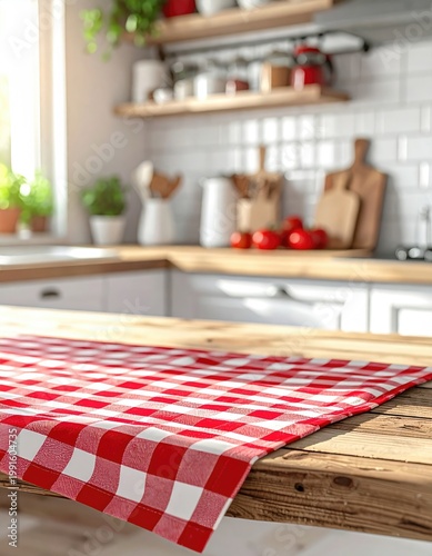 Sunny kitchen with gingham tablecloth, food prep