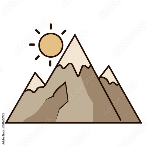 Mountain Range with Sun Flat Vector Illustration for Travel Adventure and Nature Landscape Concept on White Background.
