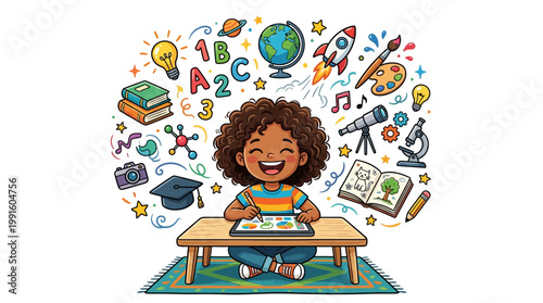 Smiling child sitting at desk with book.