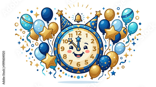 Smiling clock face with party elements.