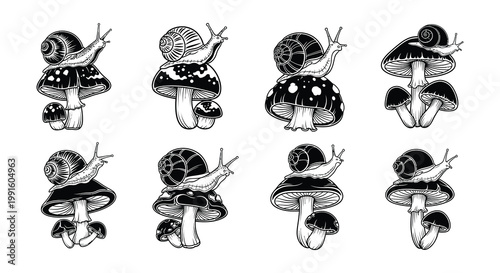 Foto Snails resting on various patterned mushrooms in a black and white illustration
