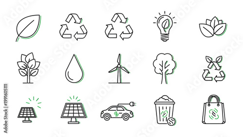 Eco-Friendly Icon Set: A comprehensive collection of meticulously crafted, minimalist icons, symbolizing environmental sustainability, renewable energy, and eco-consciousness.