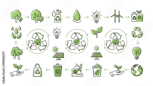 Eco-Friendly Graphic Set: A collection of environmentally conscious icons, symbolizing sustainability, renewable energy, and recycling processes.