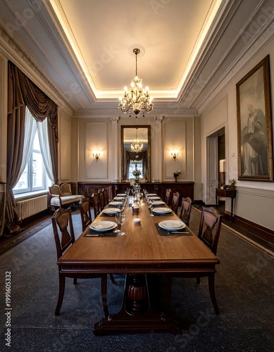 Elegant Classic Dining Room Interior With Long Set Wooden Table Crystal Chandelier And Luxurious Decor In Warm Ambient Lighting