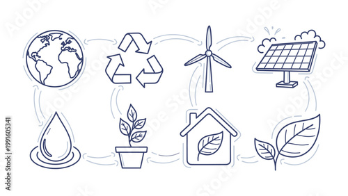 Eco-Friendly Future: A collection of environmentally conscious icons that represent sustainability, renewable energy, and eco-friendly living, set against a clean, modern backdrop.