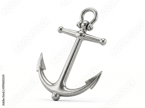 Silver metal ship anchor isolated on pure white background nautical