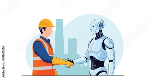 Human worker in safety gear shaking hands with a humanoid robot symbolizing the future of industrial automation.