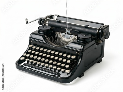 Vintage typewriter with round keys isolated on pure white background