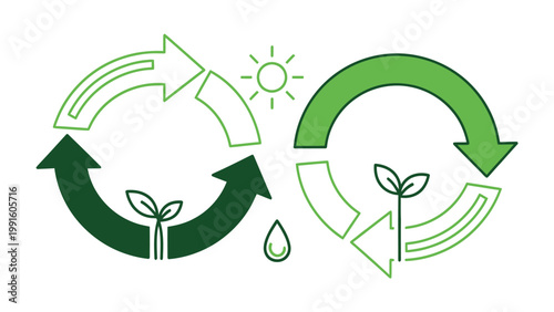 The Cycle of Life: Visualizing the continuous cycle of life with arrows, a plant, a drop, and sun. A visual representation of environmental sustainability and renewal.