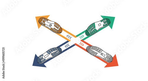 Four different shoe soles and colored arrows pointing in various directions on a white background representing choices.
