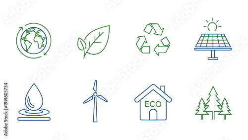 Eco-Friendly Icons: A collection of meticulously crafted icons showcasing sustainable living, promoting environmental awareness, and emphasizing the importance of a green planet.
