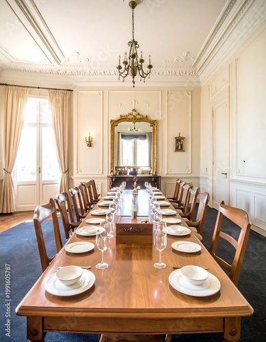 Elegant Long Wooden Dining Table Set With White China In A Grand Classical Room With Ornate Gold Mirror And Natural Light From Large Windows