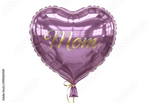 Purple heart shaped balloon with gold mom text isolated on transparent background