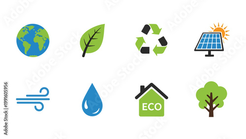 Eco Icons: A vibrant assortment of eco-friendly icons representing key elements such as the globe, leaf, recycle symbol, solar panel, wind, water droplet, eco house, and tree.