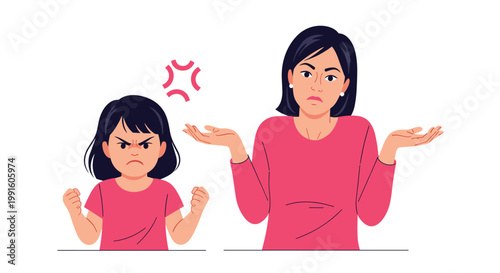 Furious little girl with clenched fists next to her shrugging mother expressing frustration and a lack of understanding.