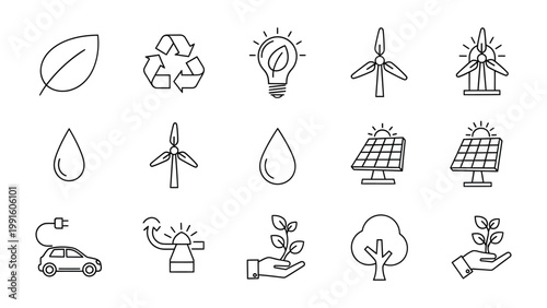 Eco-Friendly Icon Array: A collection of meticulously crafted, minimalist icons representing diverse environmental concepts, including renewable energy sources, recycling, and sustainable practices.